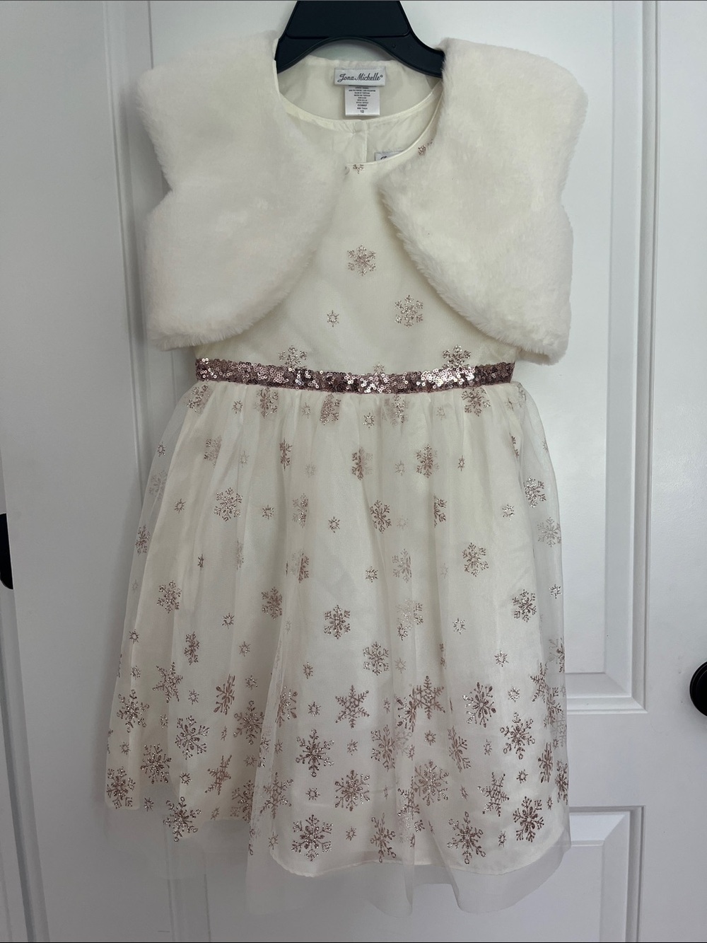 Girls' Ivory Snowflake Party Dress with faux fur bolero size 10